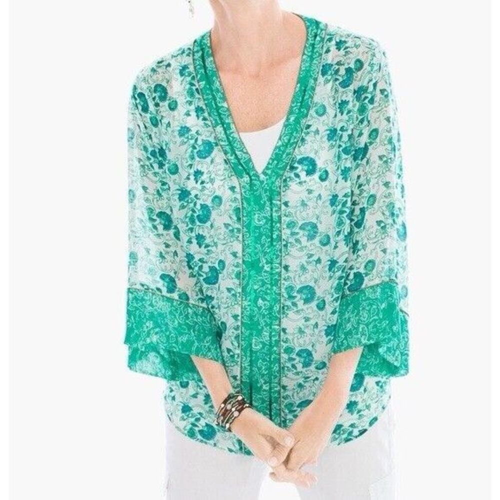 Chico's Green White Floral Semi Sheer Sequin Tunic‎ Top Blouse Chicos Size 1